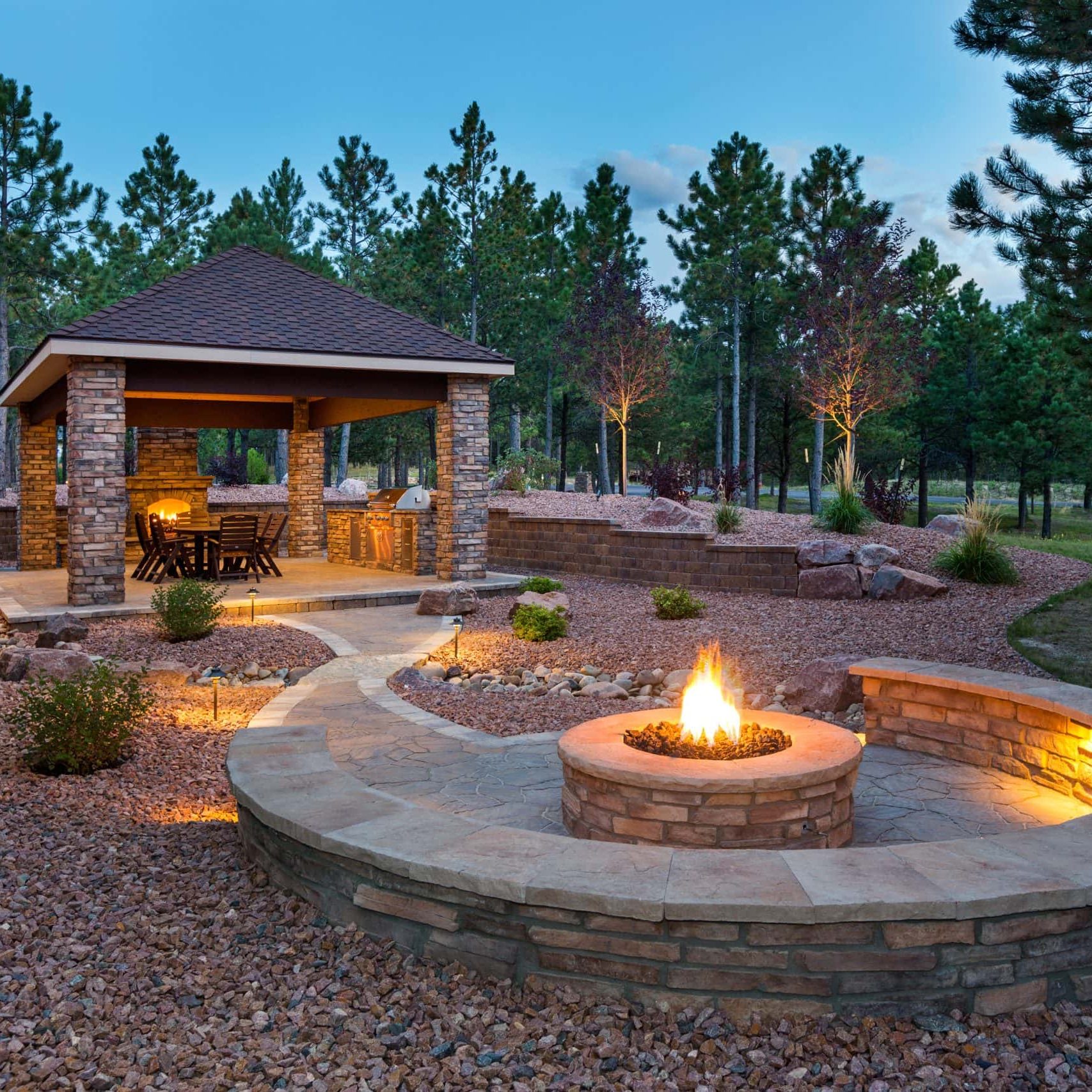 Fire pit and outdoor seating area in a landscaped backyard.