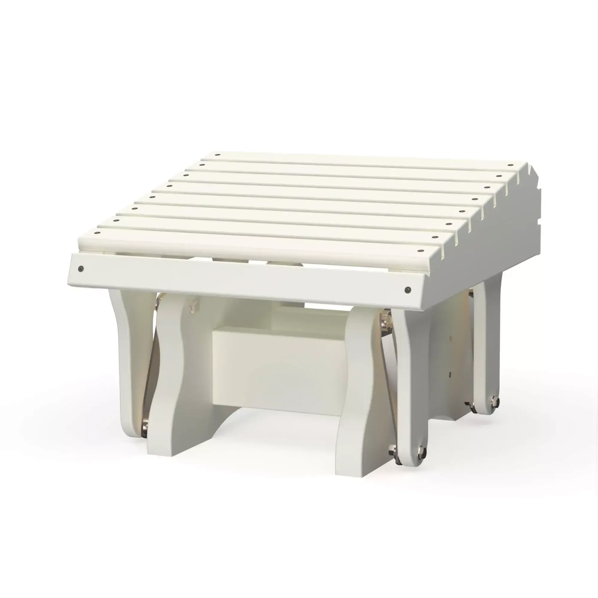 White outdoor garden bench with slatted seat and curved legs.