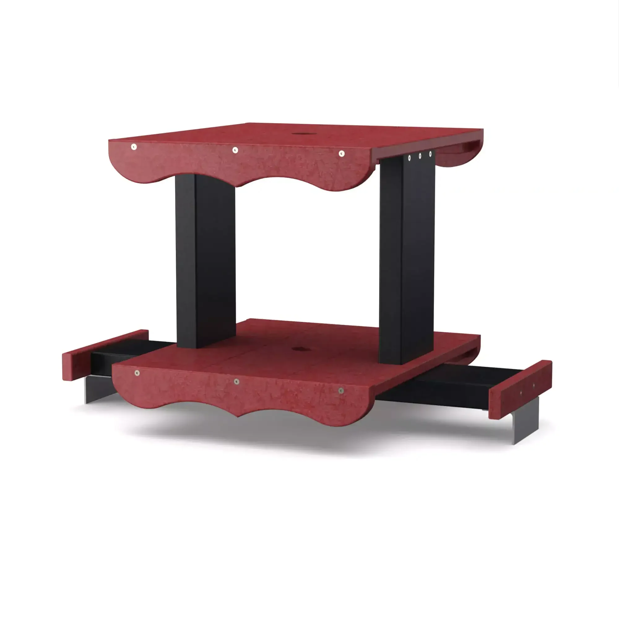 Stylish red and black wooden garden table for outdoor use.