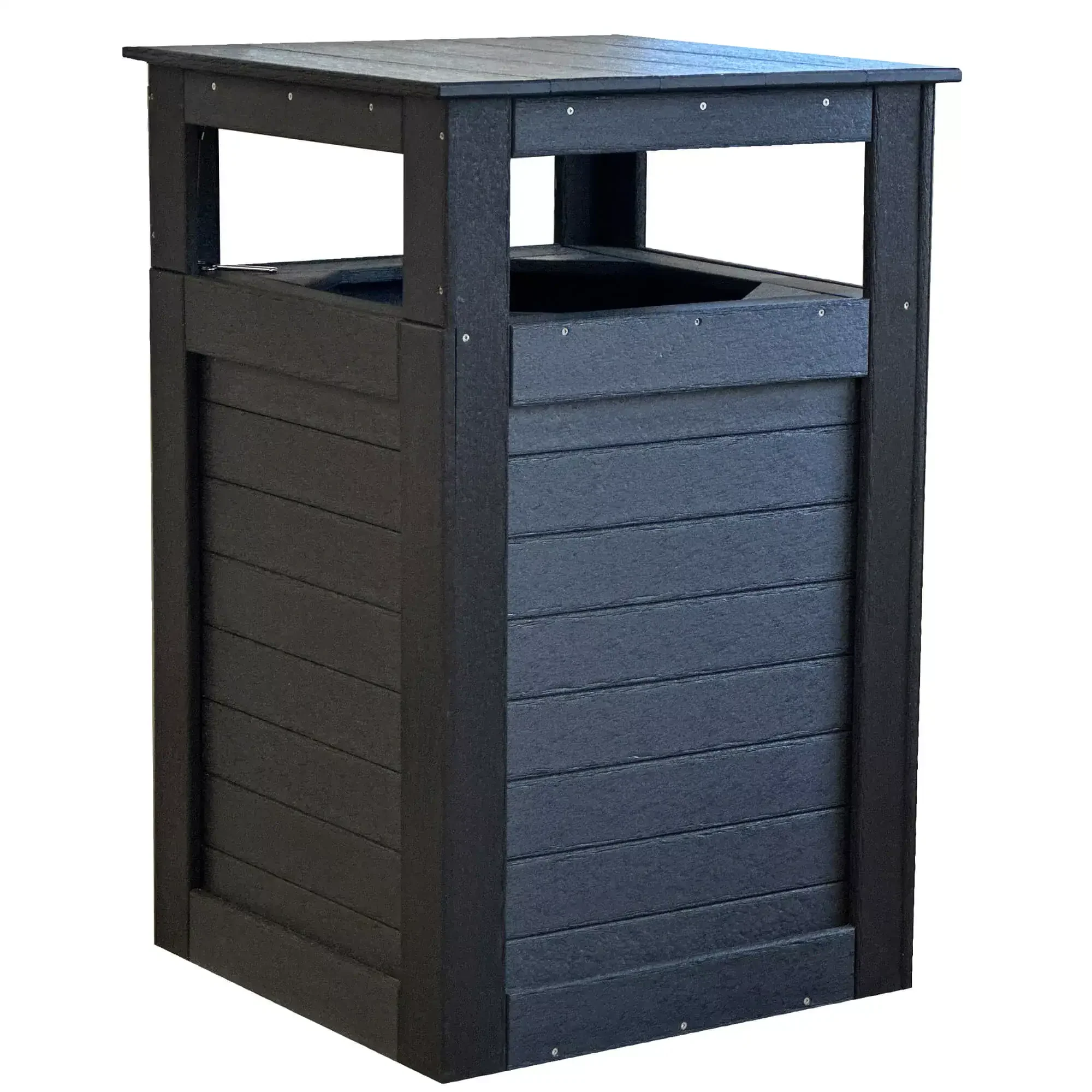 Durable outdoor wooden trash bin for garden use with a modern design.