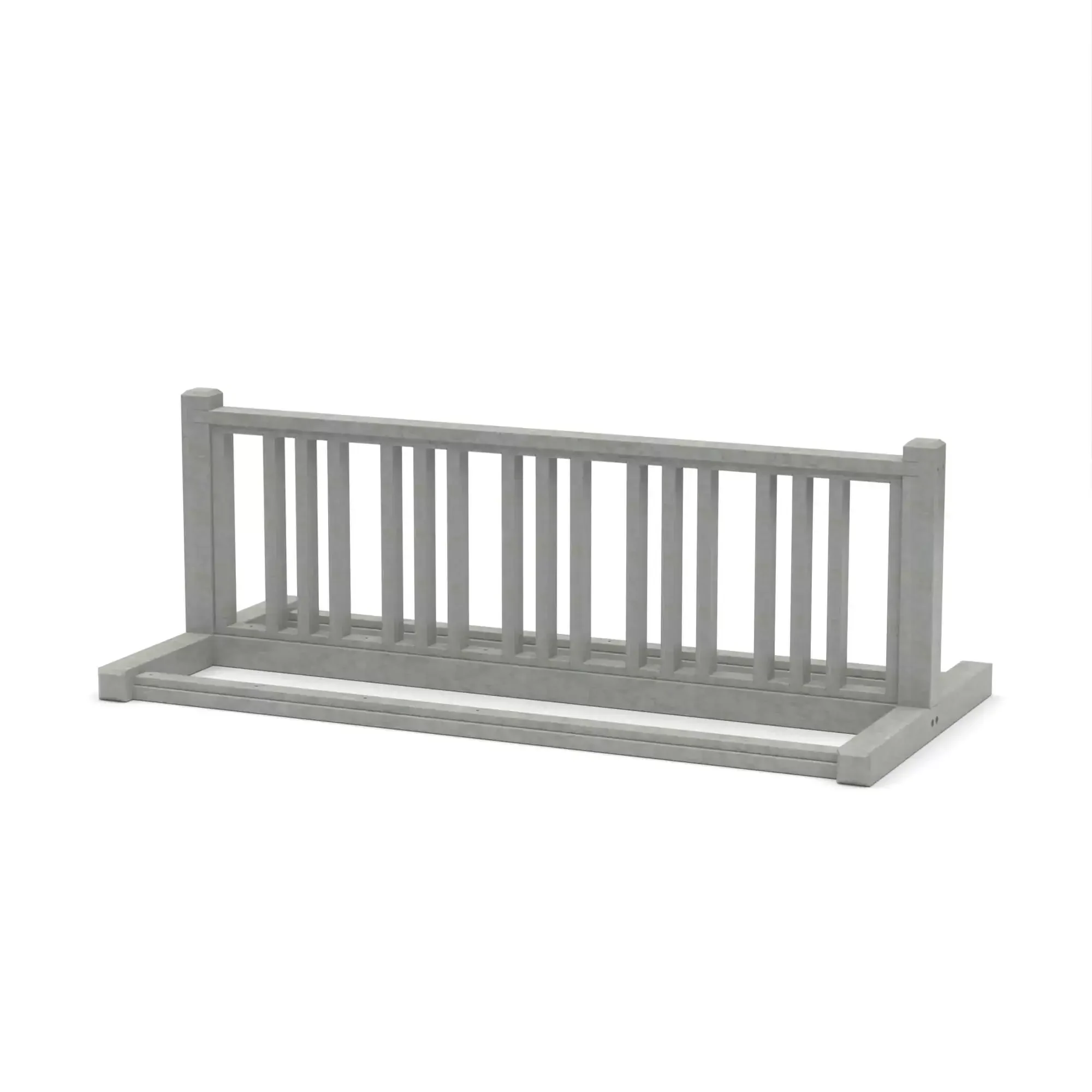 Gray wooden garden railing with vertical slats for outdoor fencing.