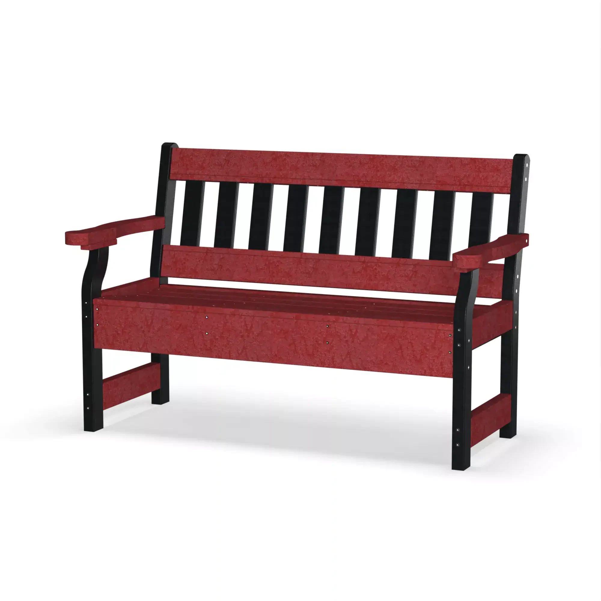 Red and black outdoor garden bench with armrests and slatted backrest.