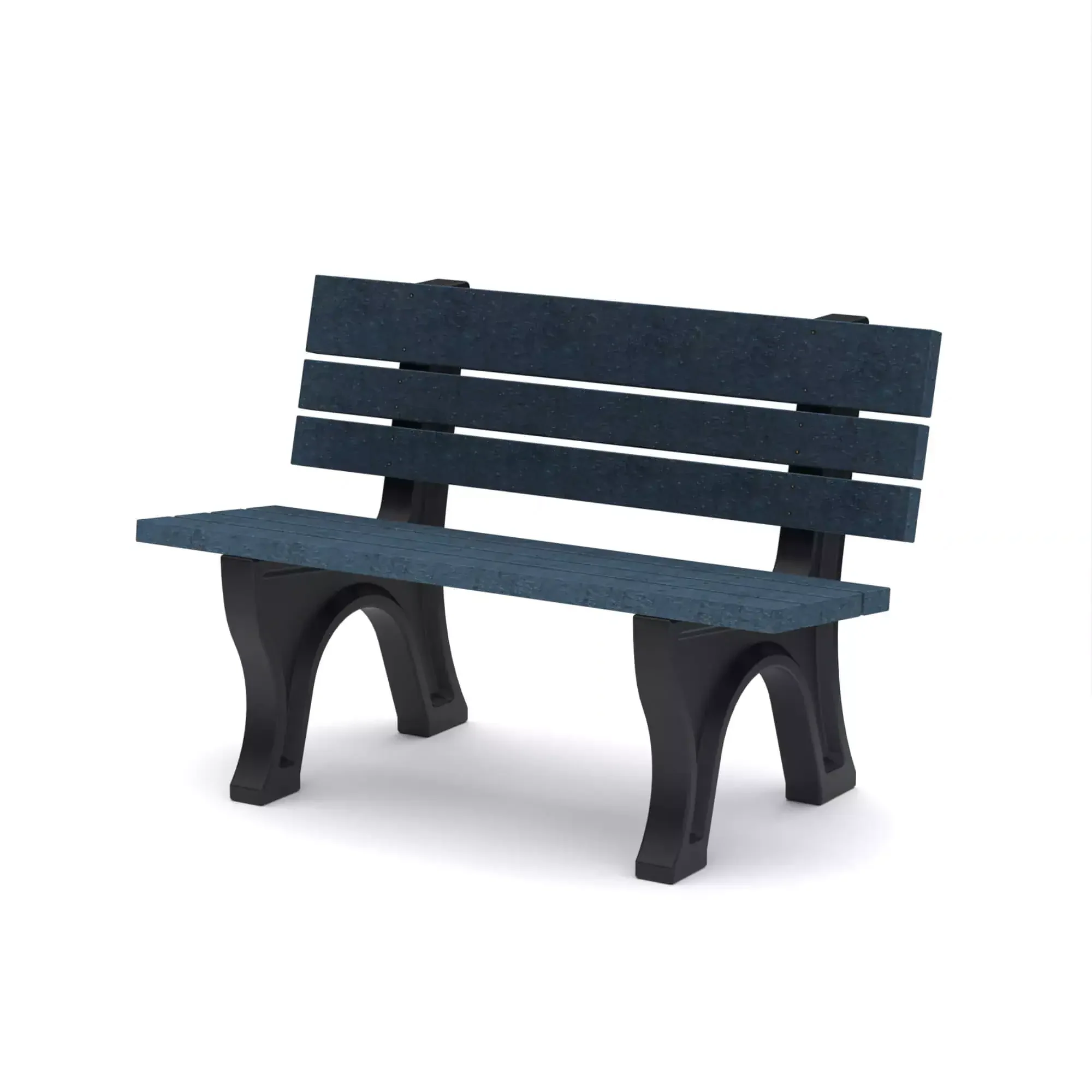 Blue wooden park bench with black legs for outdoor garden seating.