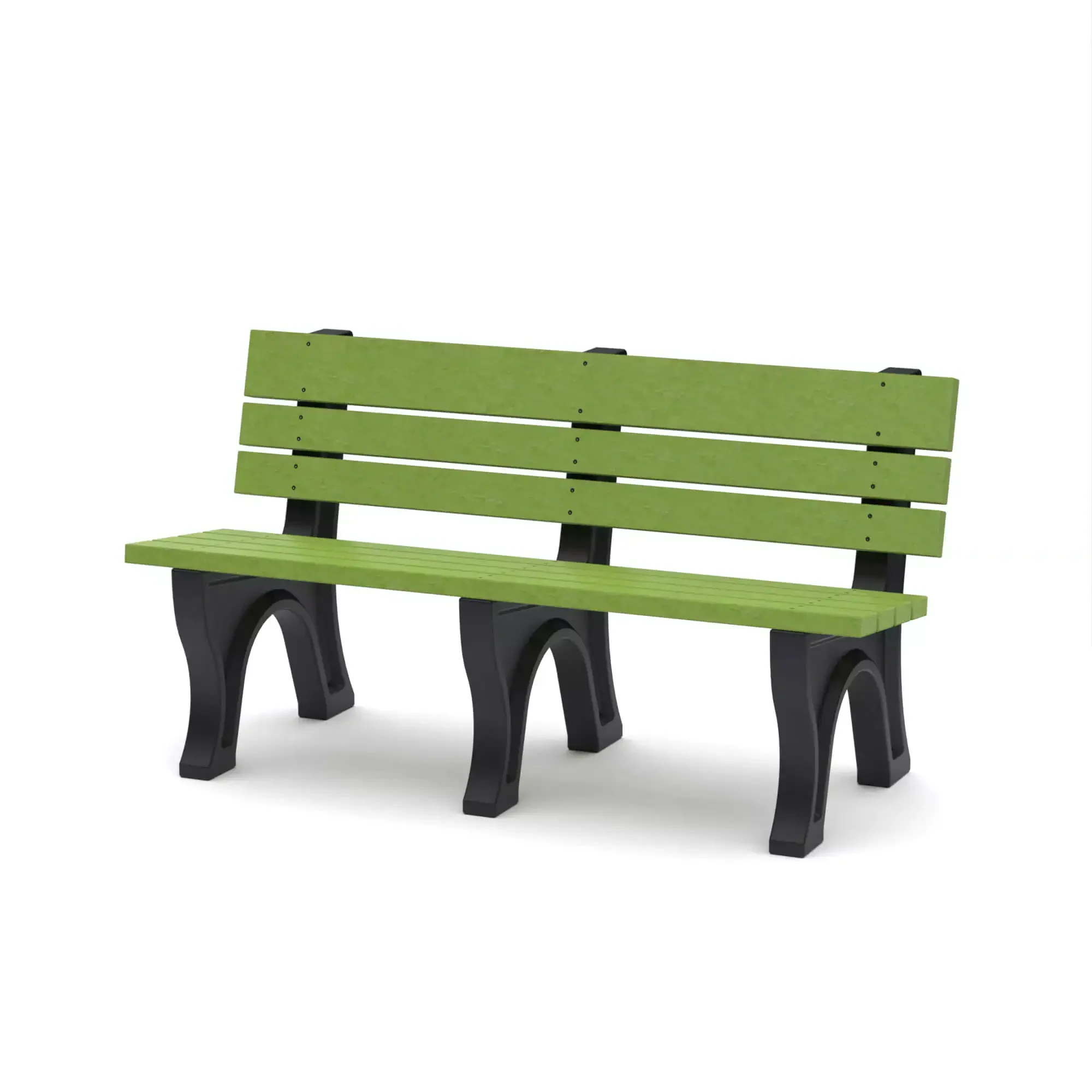 Green and black outdoor garden bench for parks and public spaces.