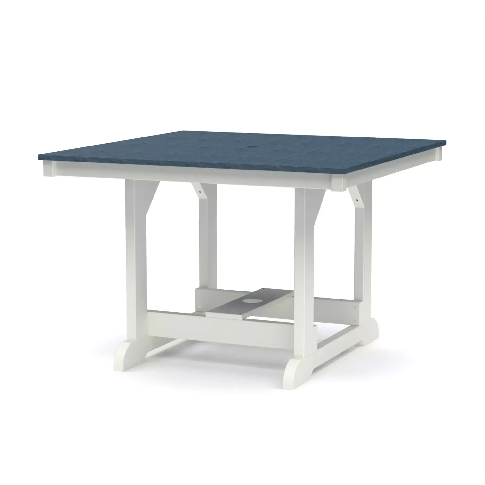 Sturdy outdoor patio table with a blue top and white frame for garden use.
