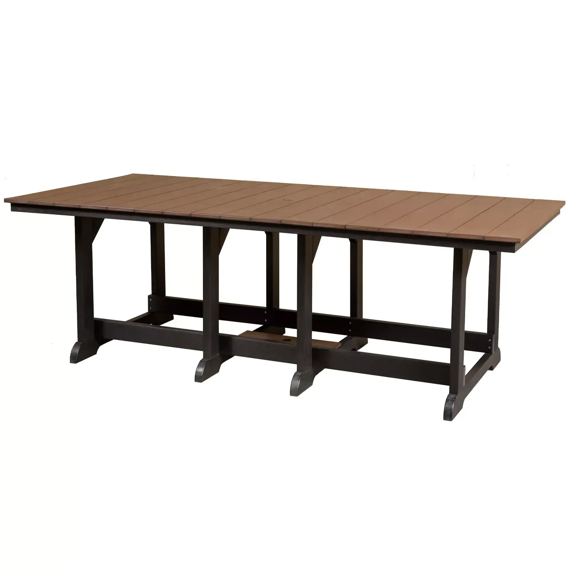 Sturdy outdoor wooden table with a brown top and black legs for garden use.