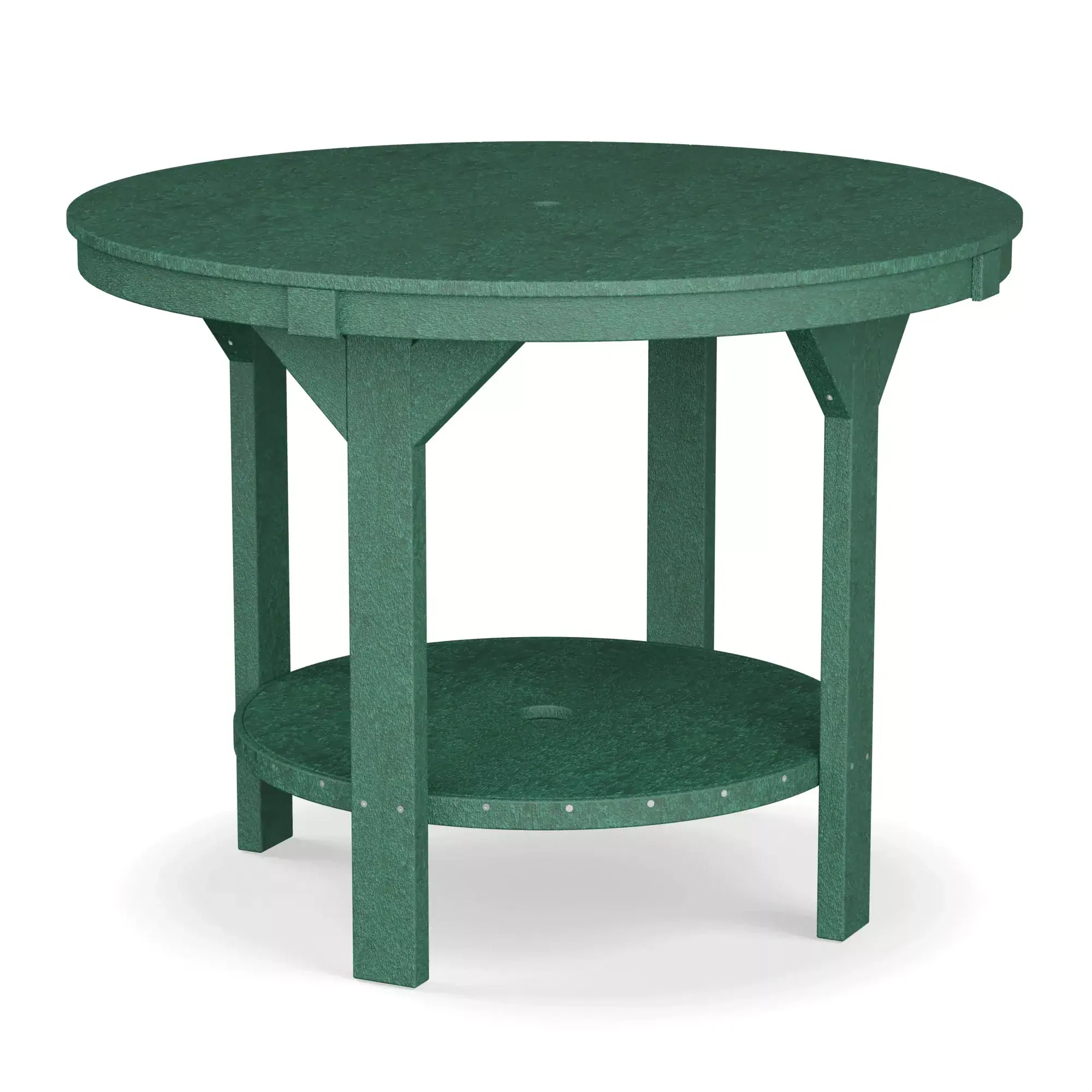 Green outdoor round table with lower shelf for garden or patio.