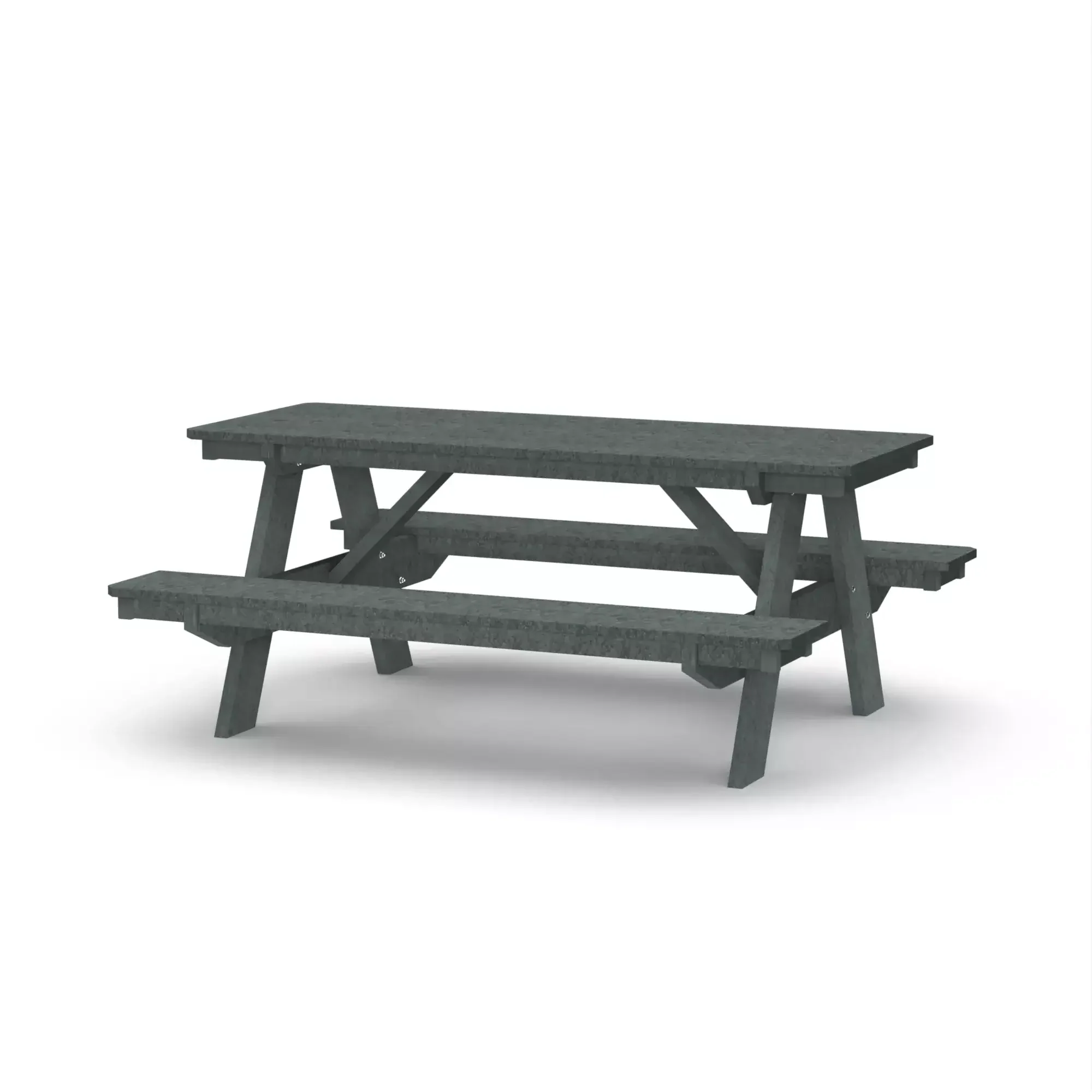Gray wooden picnic table for outdoor garden seating.