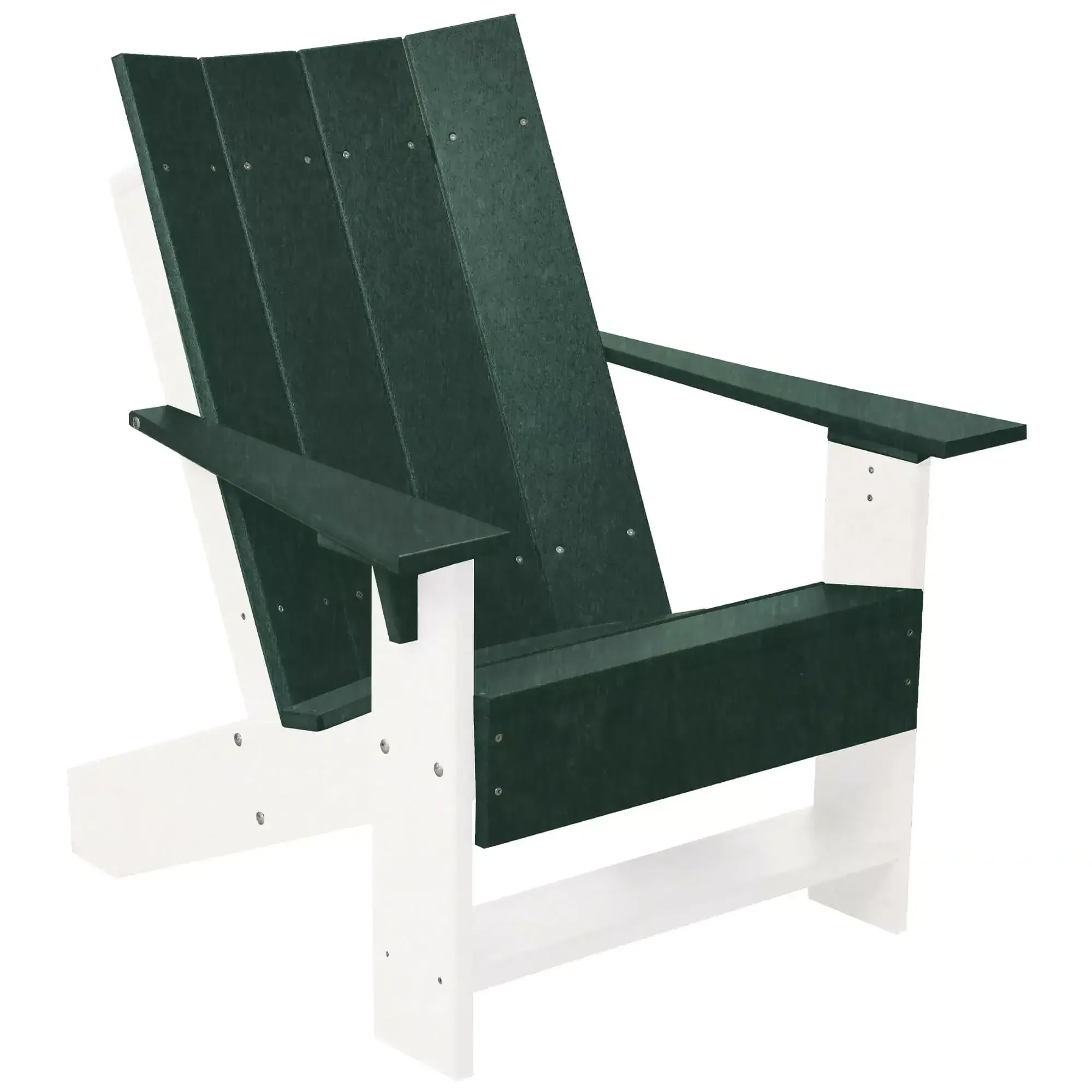 Green and white outdoor Adirondack chair for garden seating.