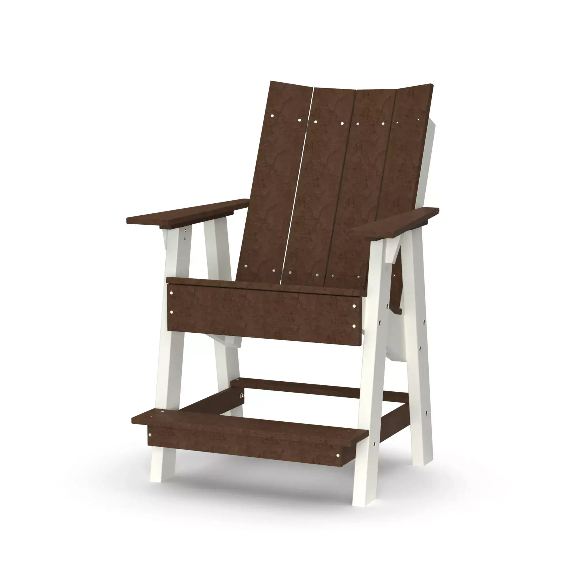 Wooden outdoor Adirondack chair with a footrest in garden setting.