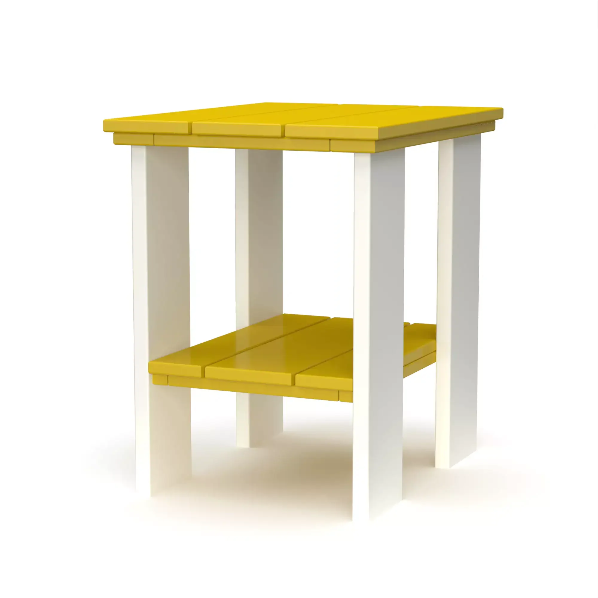 Colorful outdoor side table with yellow top and white legs for garden decor.