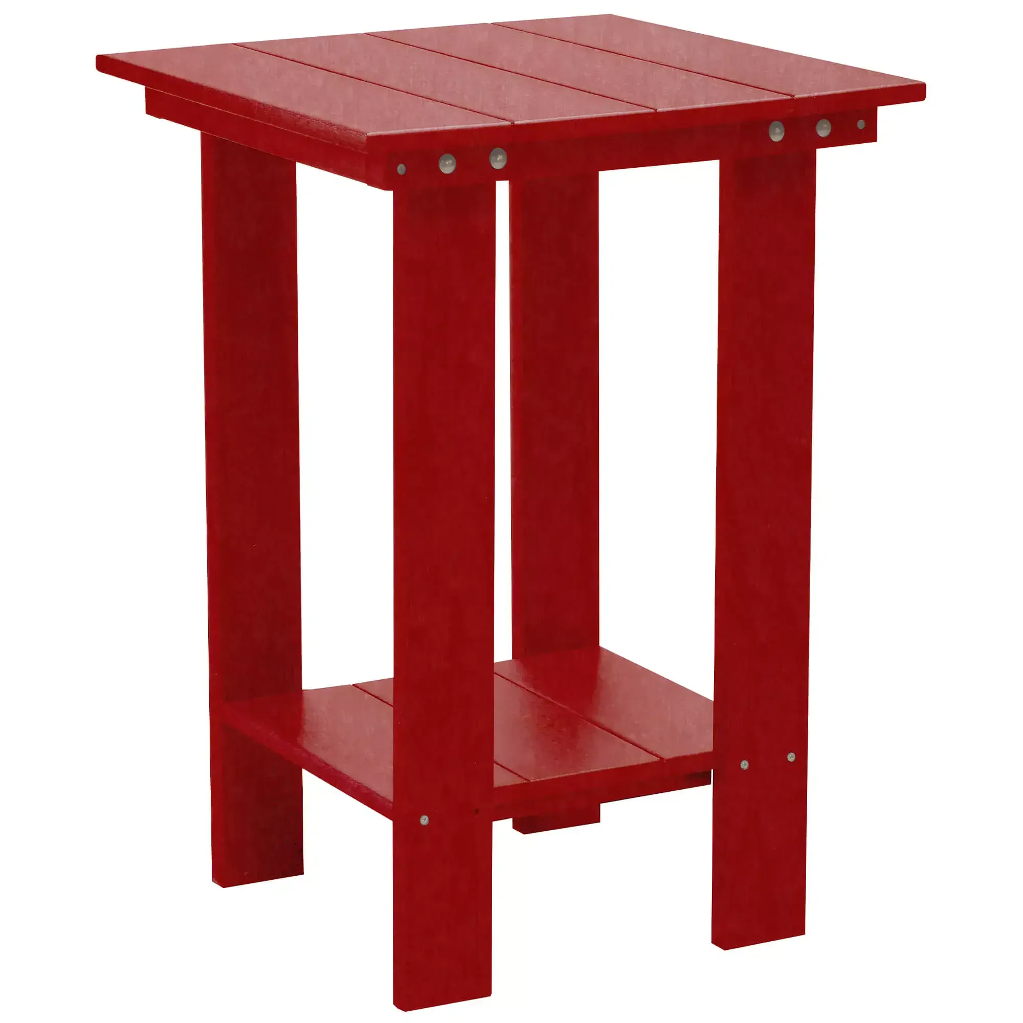 Red wooden outdoor side table for garden or patio decor.