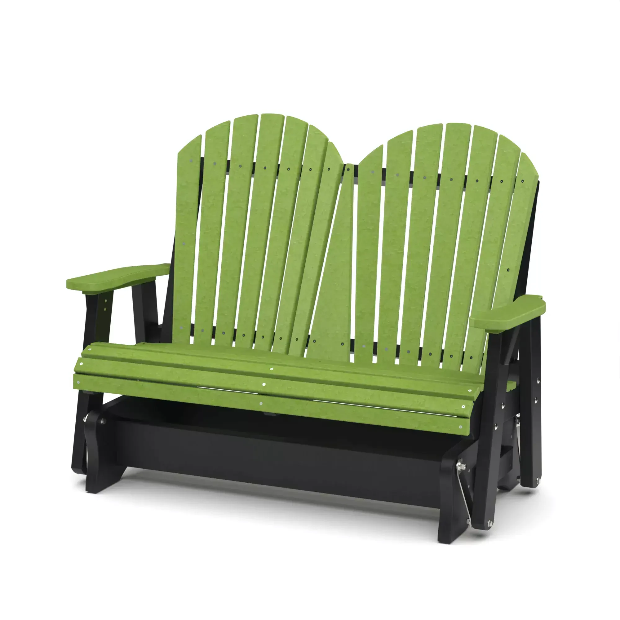 Green Adirondack loveseat with side table for outdoor garden seating.