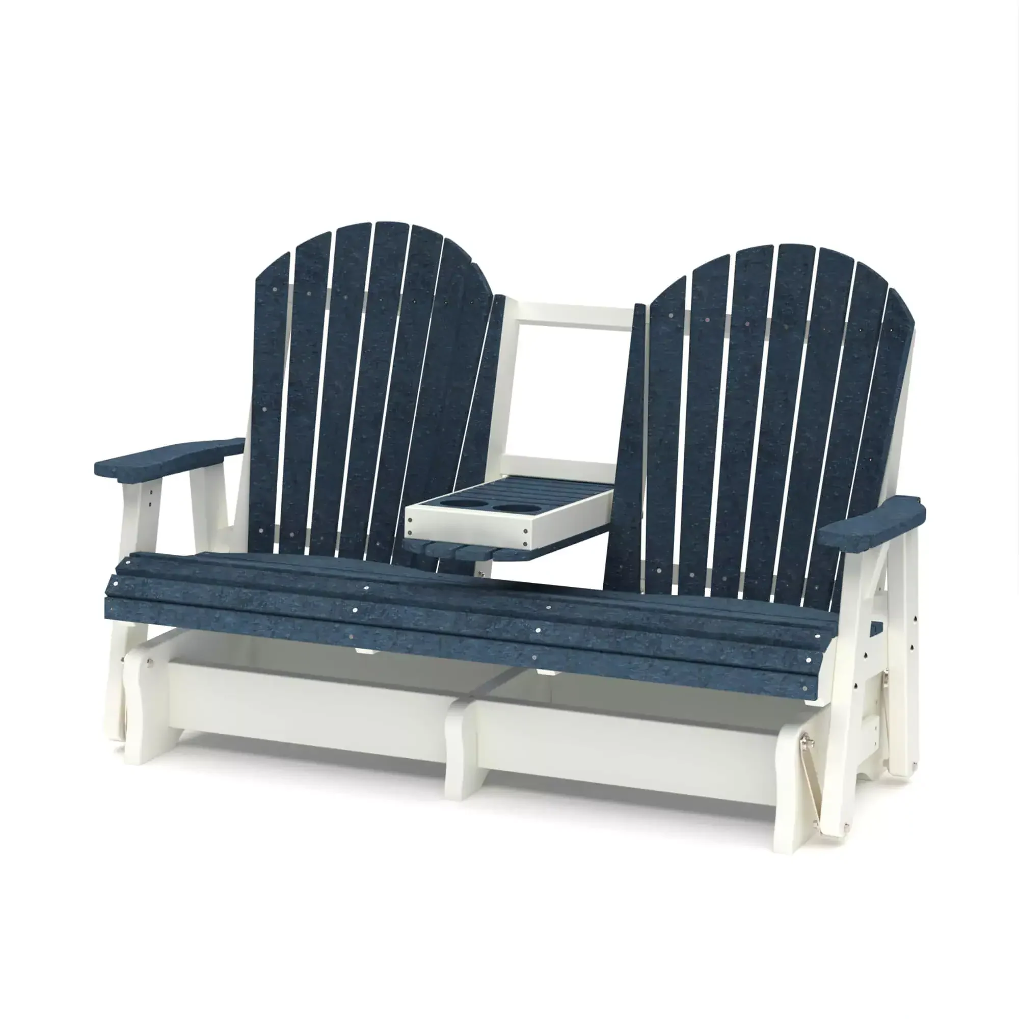 Blue and white outdoor Adirondack double bench with cup holder.