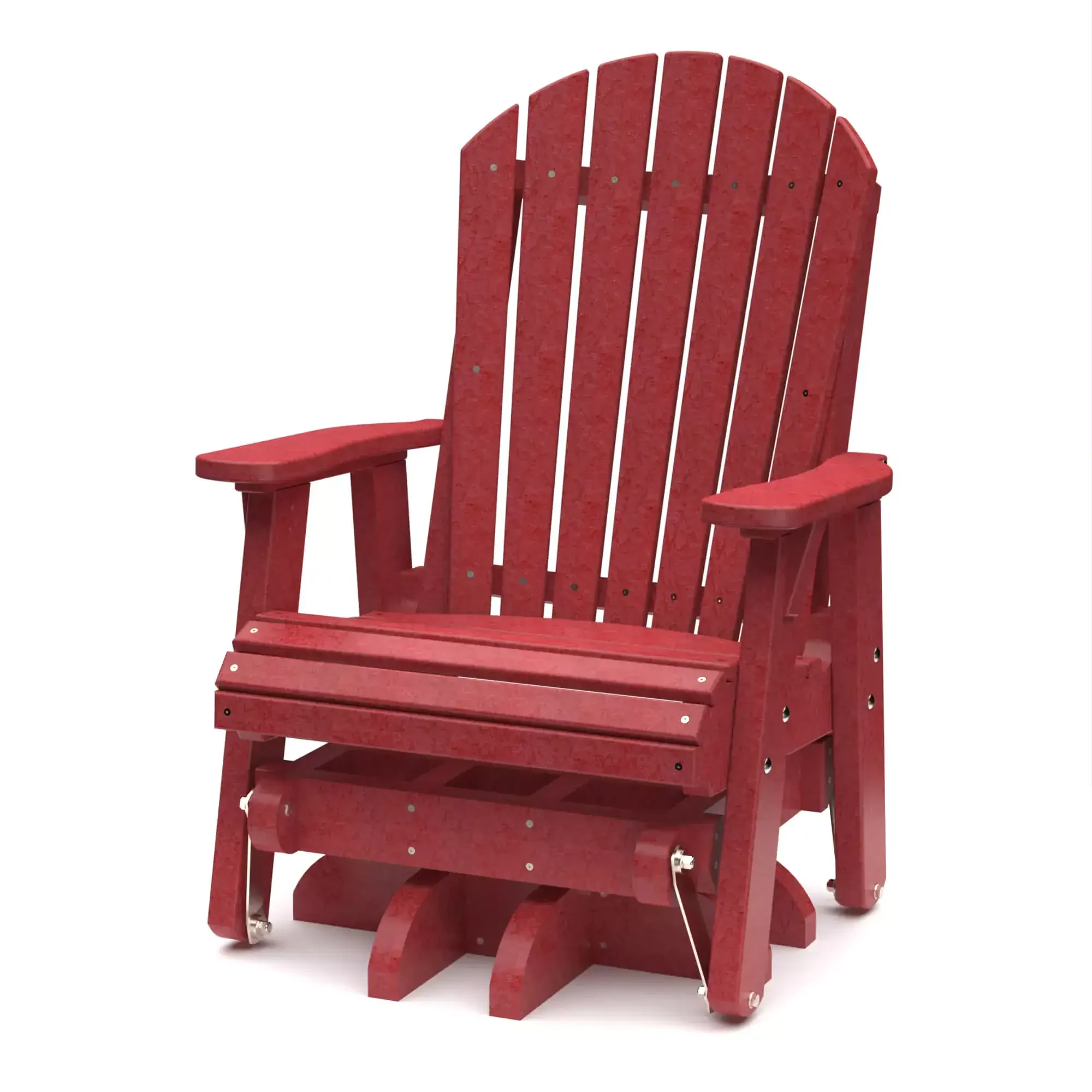 Red wooden Adirondack chair for outdoor garden seating.