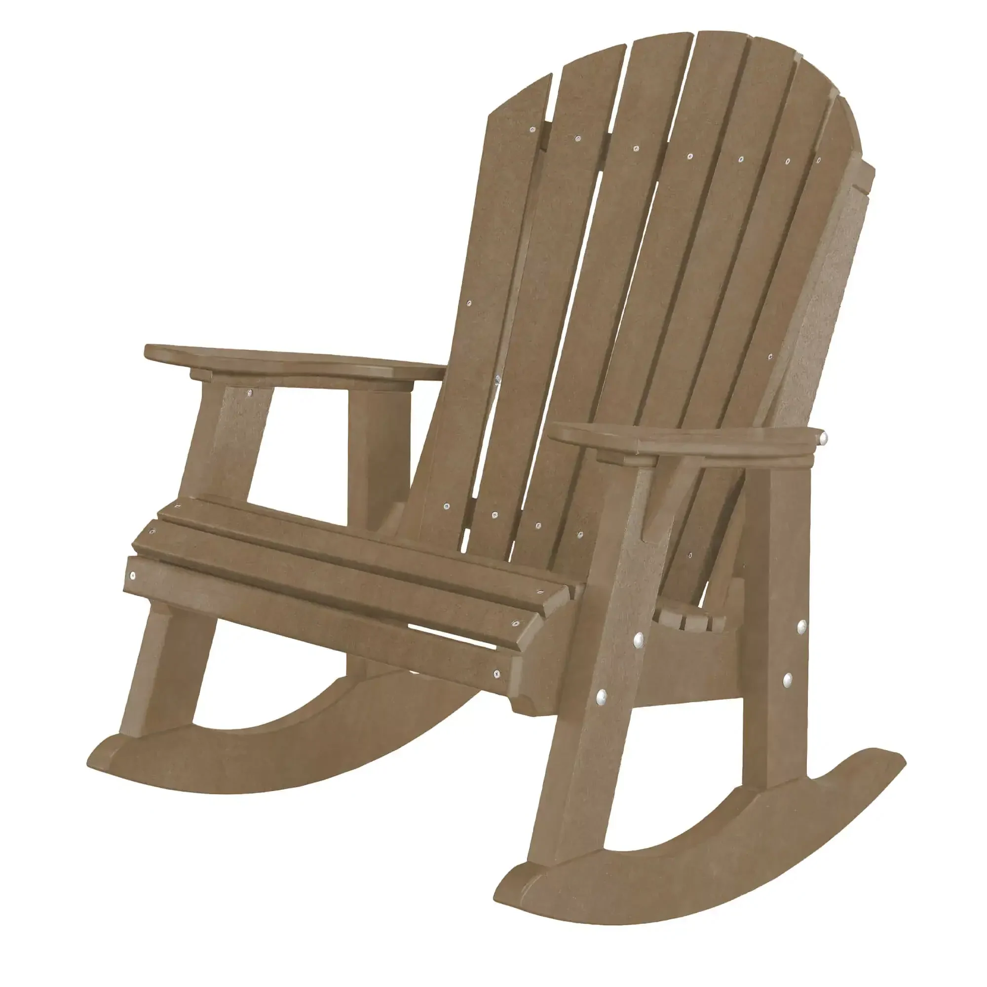 Wooden Adirondack rocking chair for outdoor garden seating.