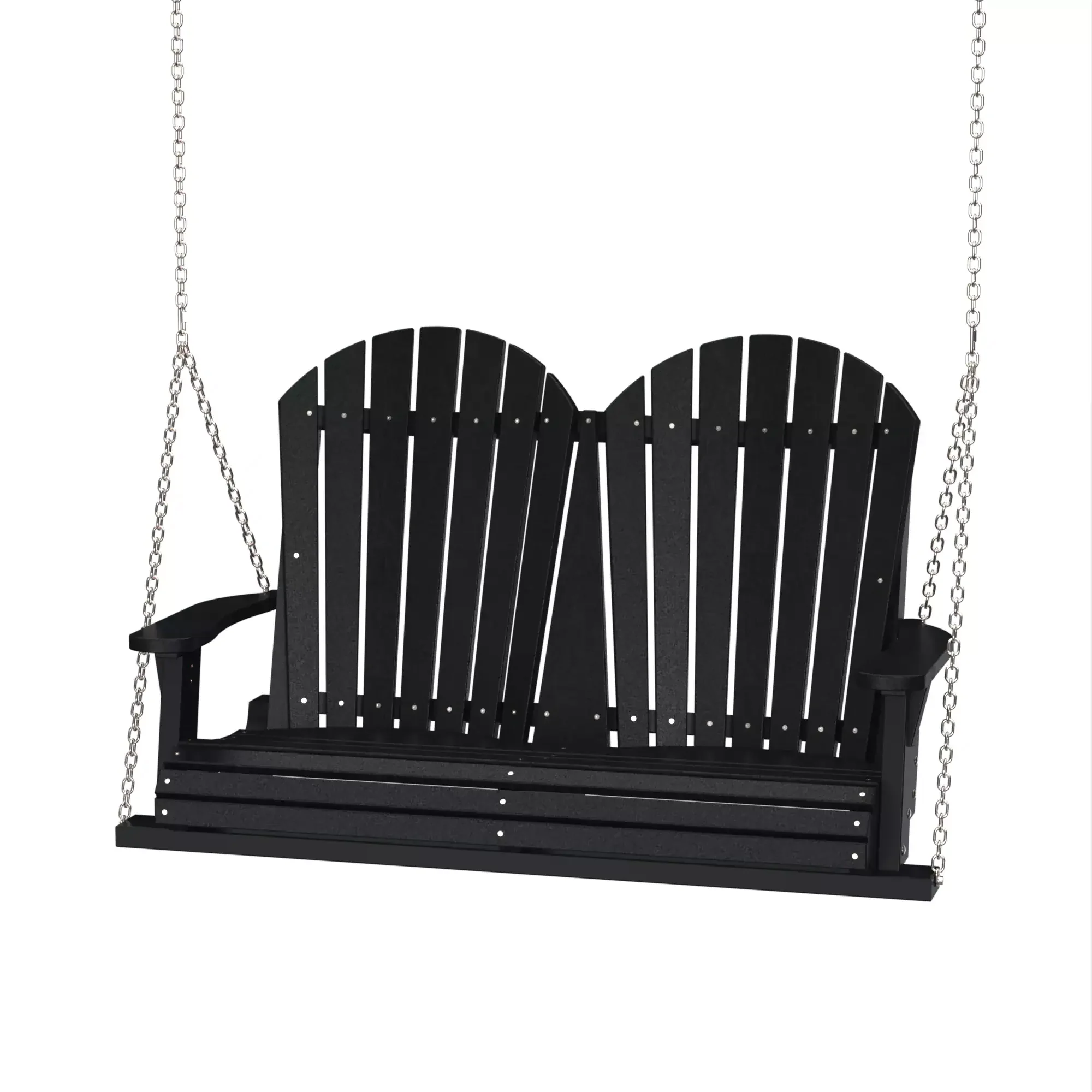 Black wooden outdoor porch swing with chains for garden or patio.