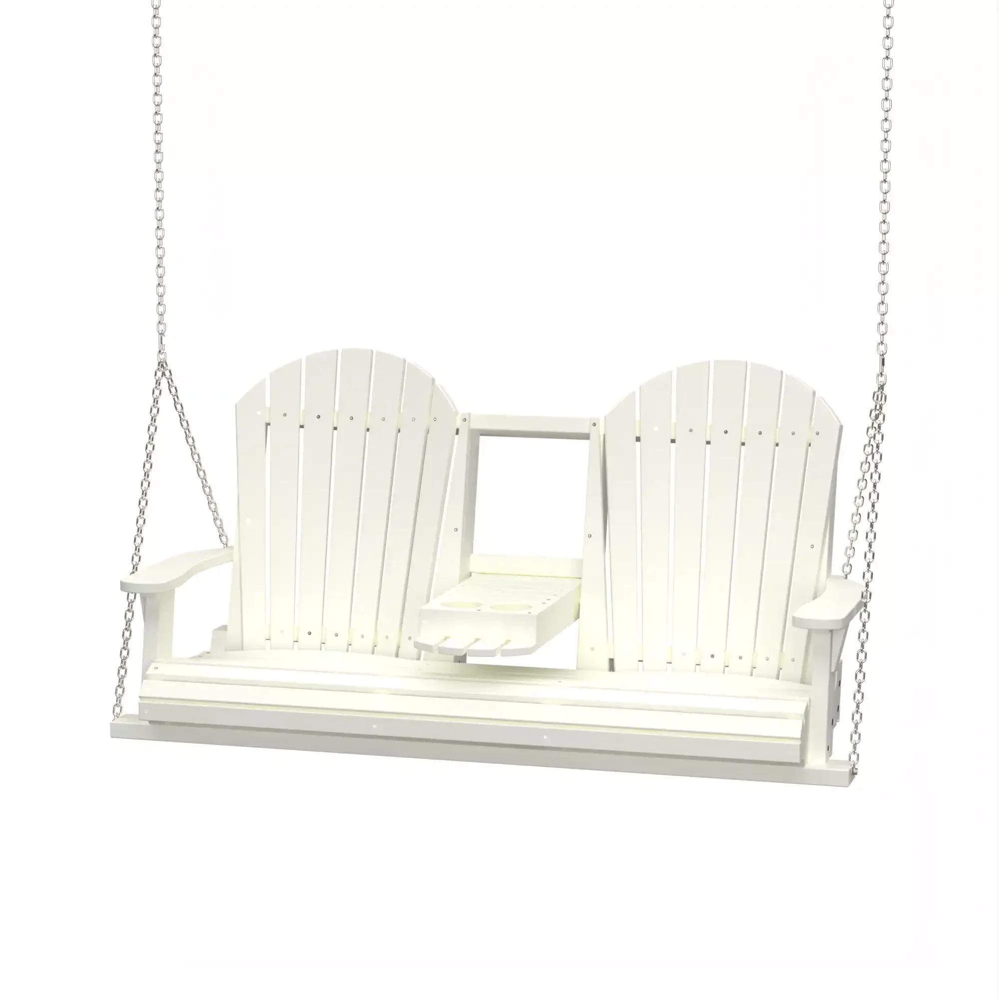 White wooden porch swing with backrest and armrests, hanging from chains.