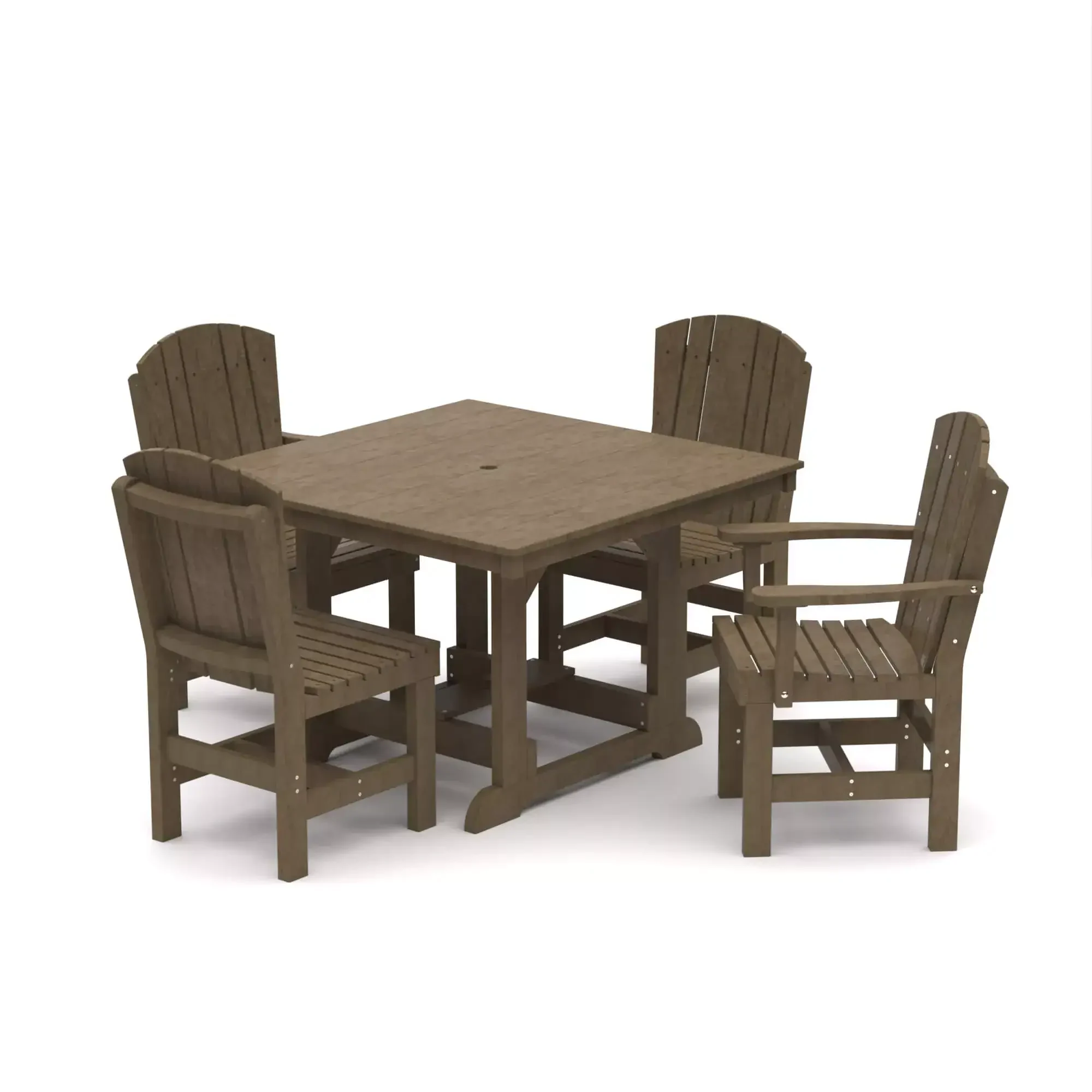 Wooden outdoor dining table with four chairs for garden or patio.