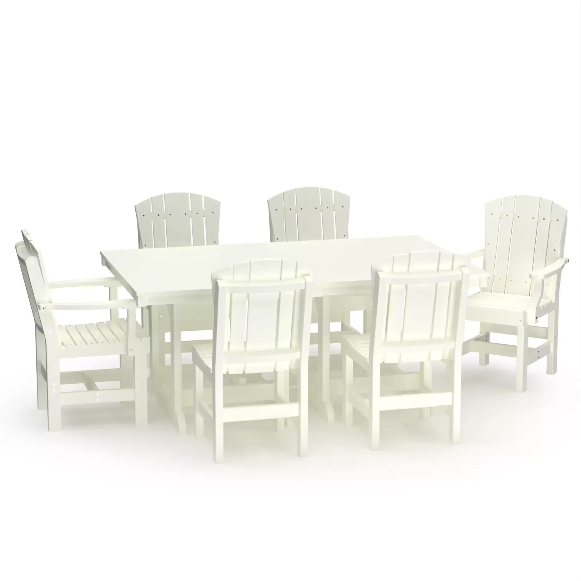 White outdoor dining table with six matching chairs for garden or patio.