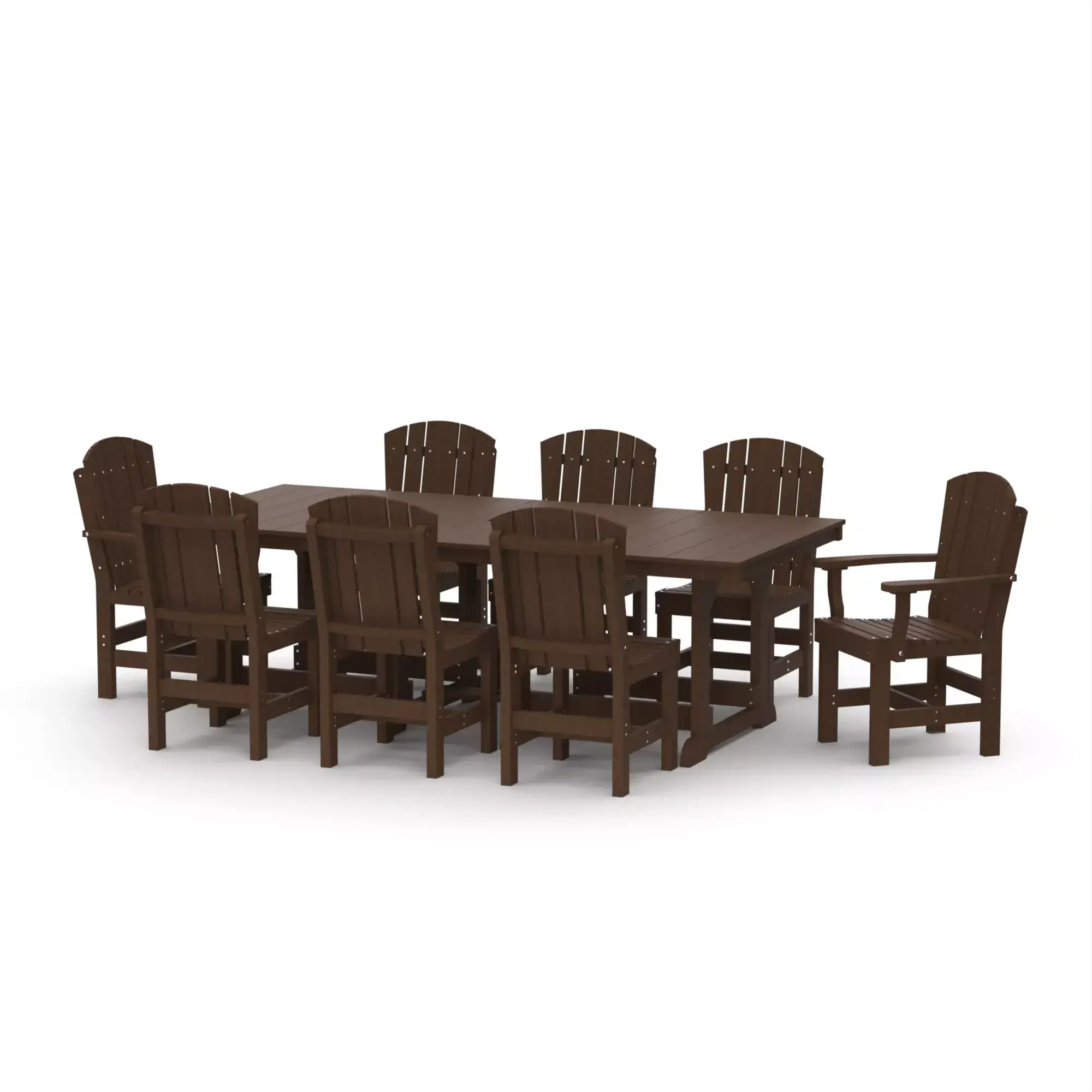 Wooden outdoor dining table with eight chairs for garden or patio.