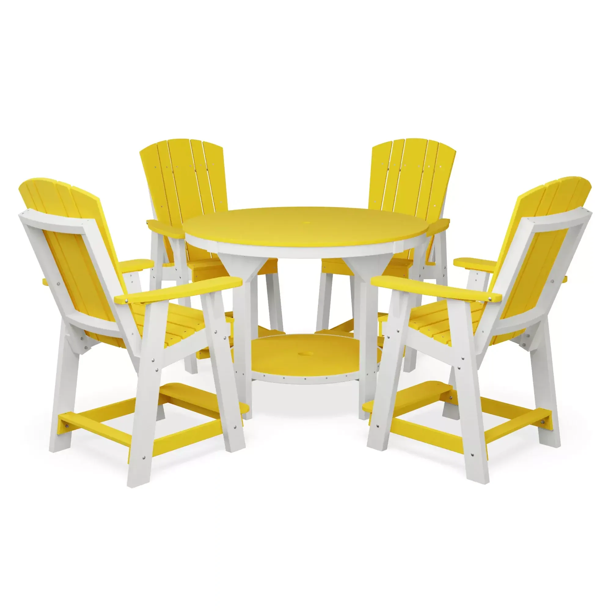 Yellow outdoor patio table with six matching chairs for garden or backyard.