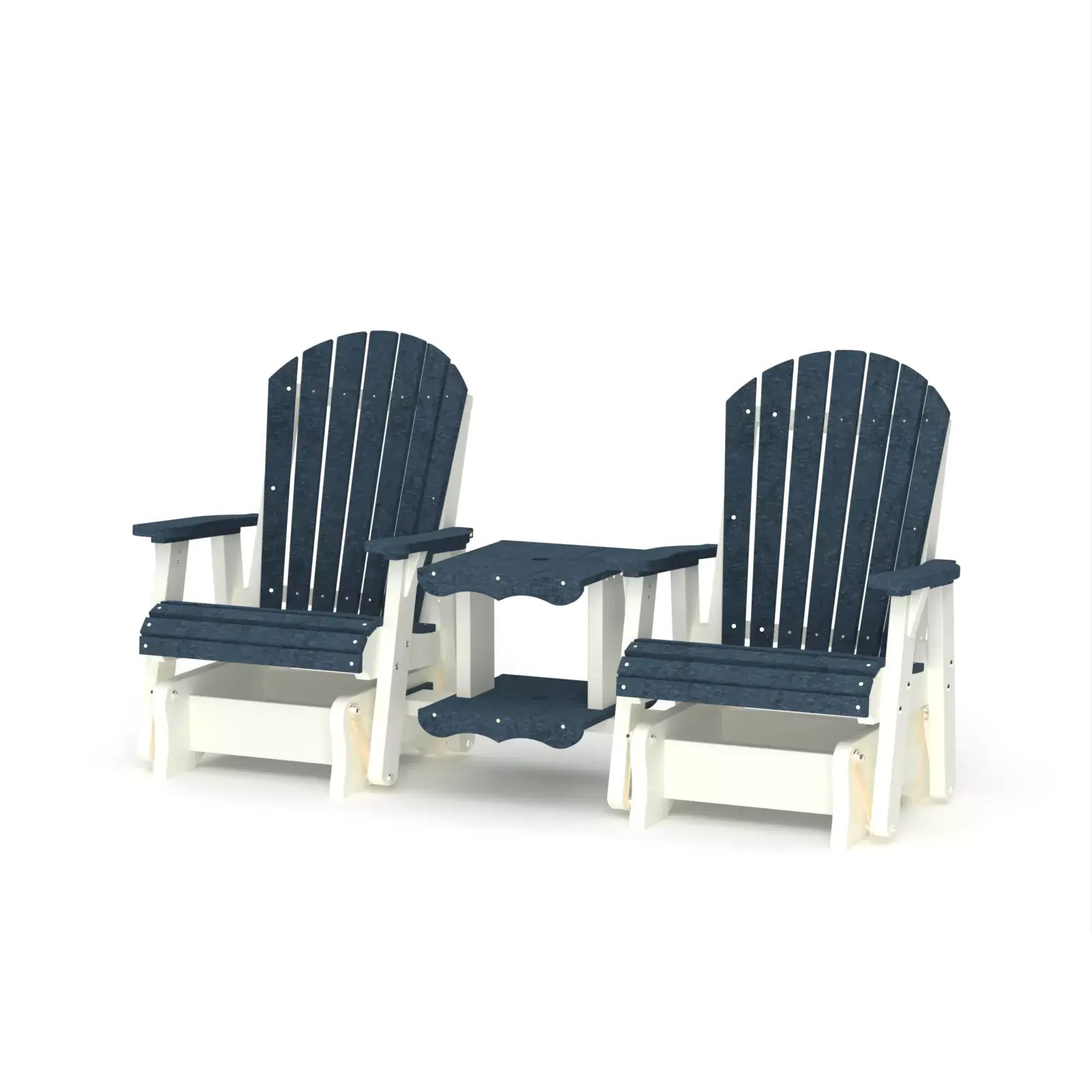 Set of two navy blue Adirondack chairs with a connecting table.